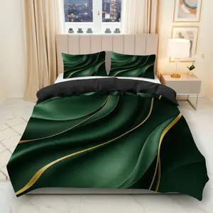 3PCS Duvet Cover Set, 1 Duvet+2 Pillowcases(Without filler), Elegant Green Gold Abstract Wave Pattern theme, Christmas bedding set, Luxury Modern Home Decor Suitable for decoration Bedroom, Hotel, Guestroom, Living Room.