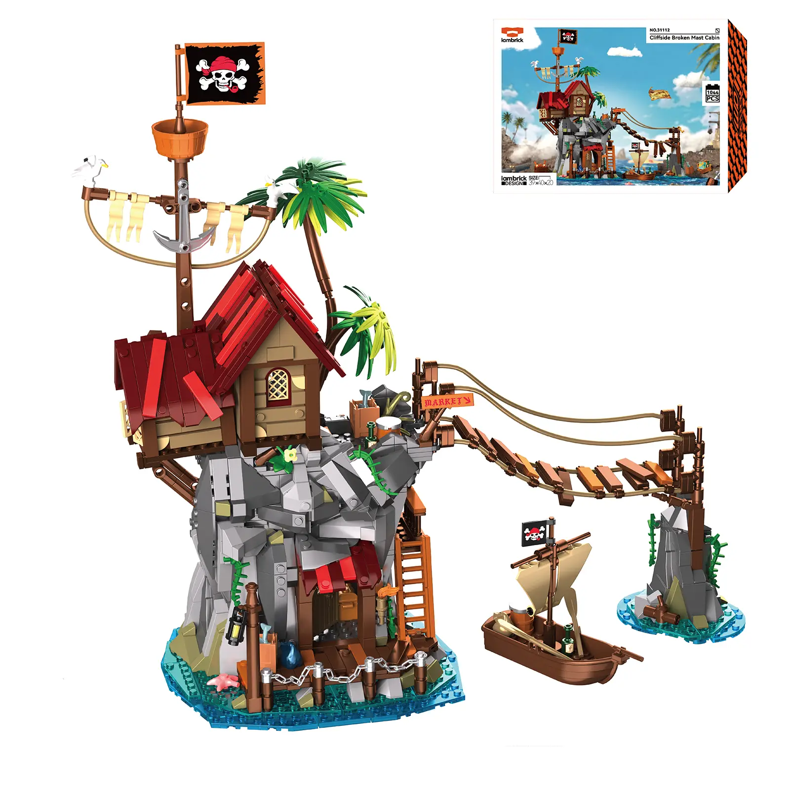 Pirate Cliffside Hideout Building Block Kit - 1044-Piece Cabin & Suspension Bridge STEM Fun Set, 14+ Collectible Blocks, Open-Ended Play DIY Assembly Kit for Enthusiasts