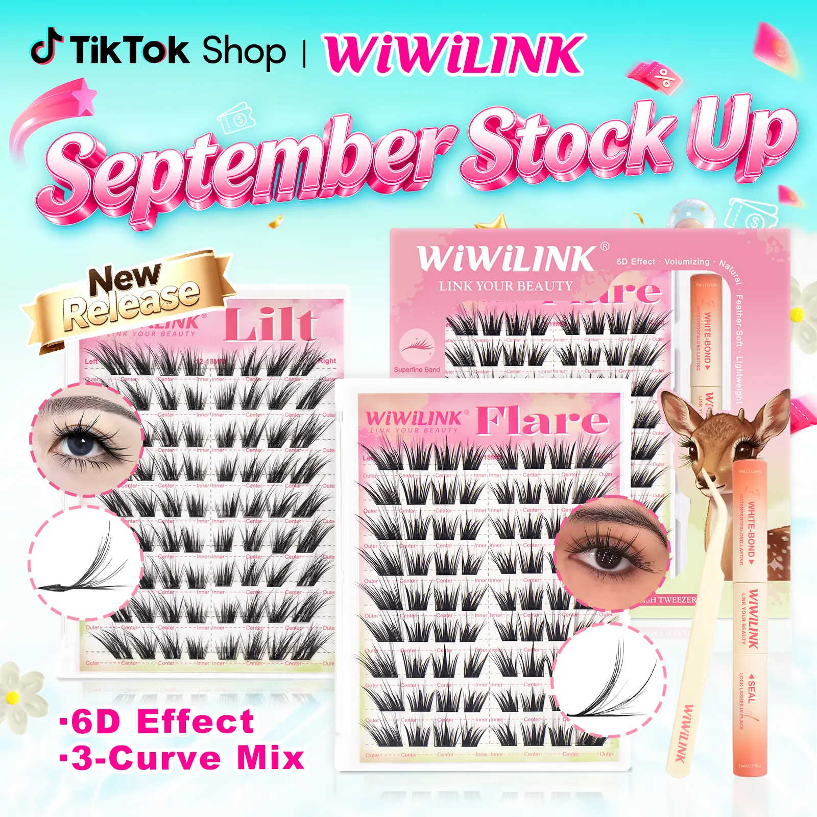 WiWiLINK Flare Lilt 6D Cluster Lashes Kit, LC /LB Curl DIY Lash Extension Set, 12-18mm Mixed Individual Clusters, Soft Thin Band Waterproof Long-Lasting Eyelashes with Lash Bond, Seal & Tweezers, Fluffy Lash Clusters, Lash Cluster, Eyelashes Clusters Kit