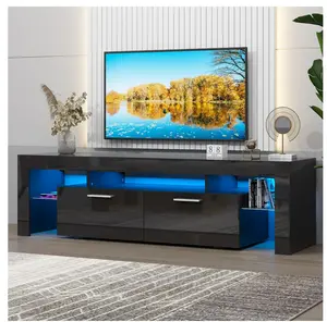 Modern LED TV Stand for 70 Inch TV, High Gloss Entertainment Center with RGB LED Lights and Storage Shelves, Black / White Media Console for Living Room