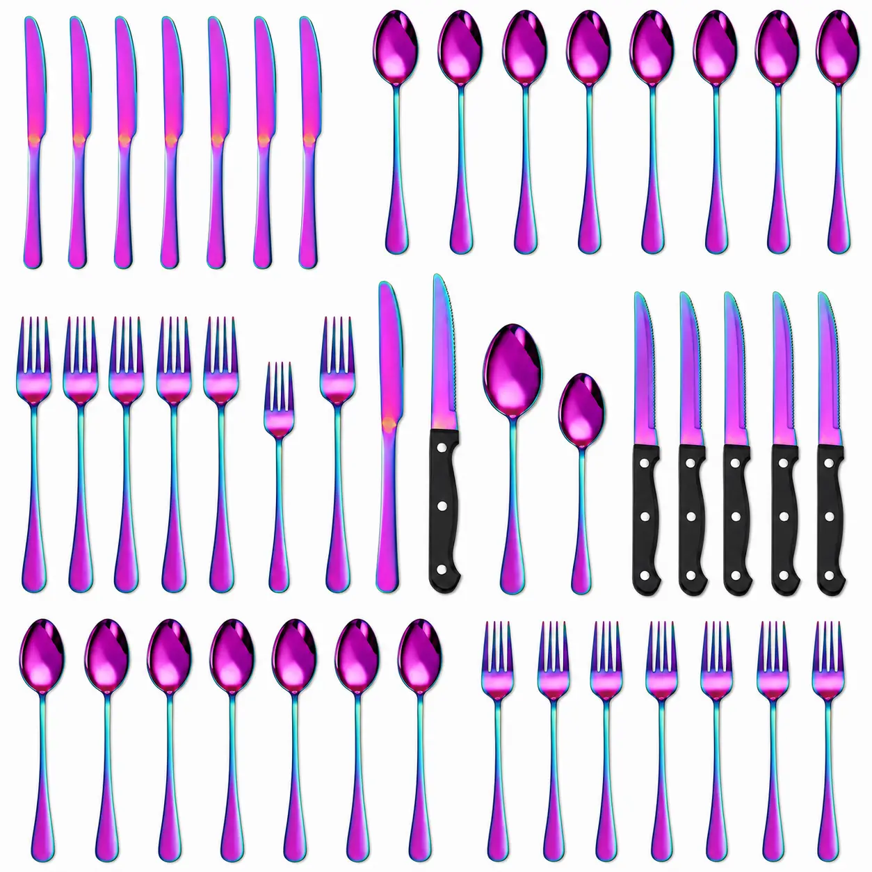 48-Piece Rainbow Silverware Set  for 8, with Steak Knife, Flatware Tableware Set, Food-Grade Stainless Steel Cutlery Set, Mirror Polished Utensils Set, Include Spoon, Fork for Home Kitchen Restaurant