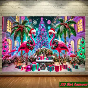2D Flat - 1pc 2D Flat Banner | Flamingo Christmas Decorations, Holiday-themed Polyester Photographic Hanging Cloth, Suitable for Event Decorations at Family Gatherings, Birthday Parties, etc. (No Electricity Required)