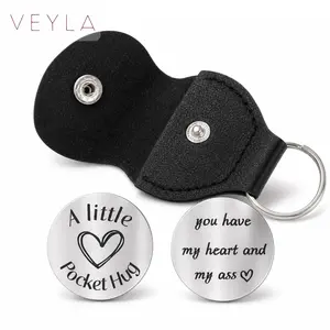 Funny Pocket Hug Keychain with Leather Holder – Engraved Stainless Steel Coin “You Have My Heart and My a**” – Romantic Gift for Boyfriend Girlfriend Husband Wife, Car Key Accessory, Long Distance Gift, Valentine’s Day Anniversary Birthday - Veyla