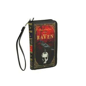 The Raven Book-Style Wallet with ID Holder - Snap Closure - Fashionable Wristlet Strap for Horror Enthusiasts - Gothic Style