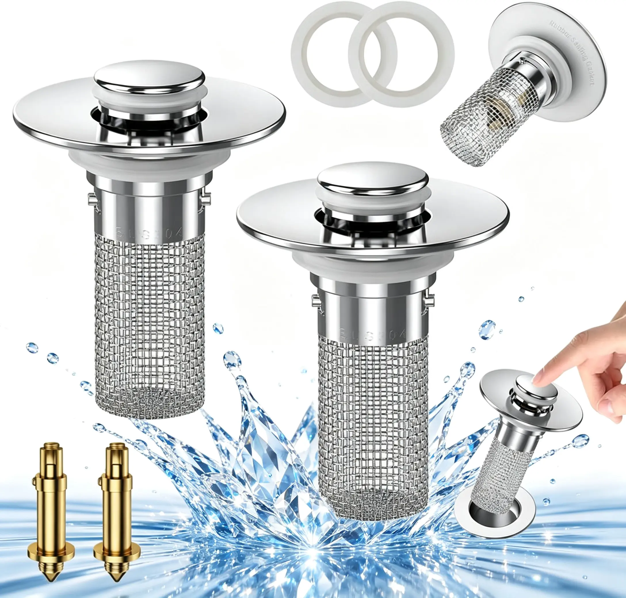 Stainless Steel Hair Catcher Strainer,Sink drain filter,2 pcs Pop-Up Bathroom Sink Drain Strainer, Stainless Steel Hair Catcher Basket with Brass Drain Plug, for Bathroom Sinks, Bathtubs, Showers & Floor Drains ,Adjustable, Durable.