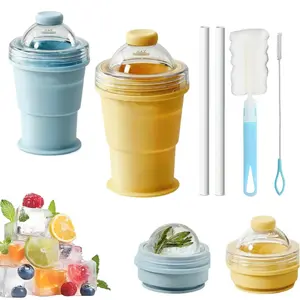 2PCS 2-in-1 Collapsible Silicone Cup with 6cm Large Ice Ball Maker, Reusable Leak-Proof Travel Tumbler with Straw & Lid, Easy Demolding Sphere Ice Mold for Whiskey, Coffee, Cocktails, with Bottle Cleaning Brush and Straw Cleaning Brush