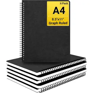 Graphing Notebook, Large A4 6Packs 8.5"x11" 120 Pages Graph Paper Notebook Spiral, Hardcover Spiral Grid Paper Notebook Composition for Math Science Engineering Artist Drawing-Black