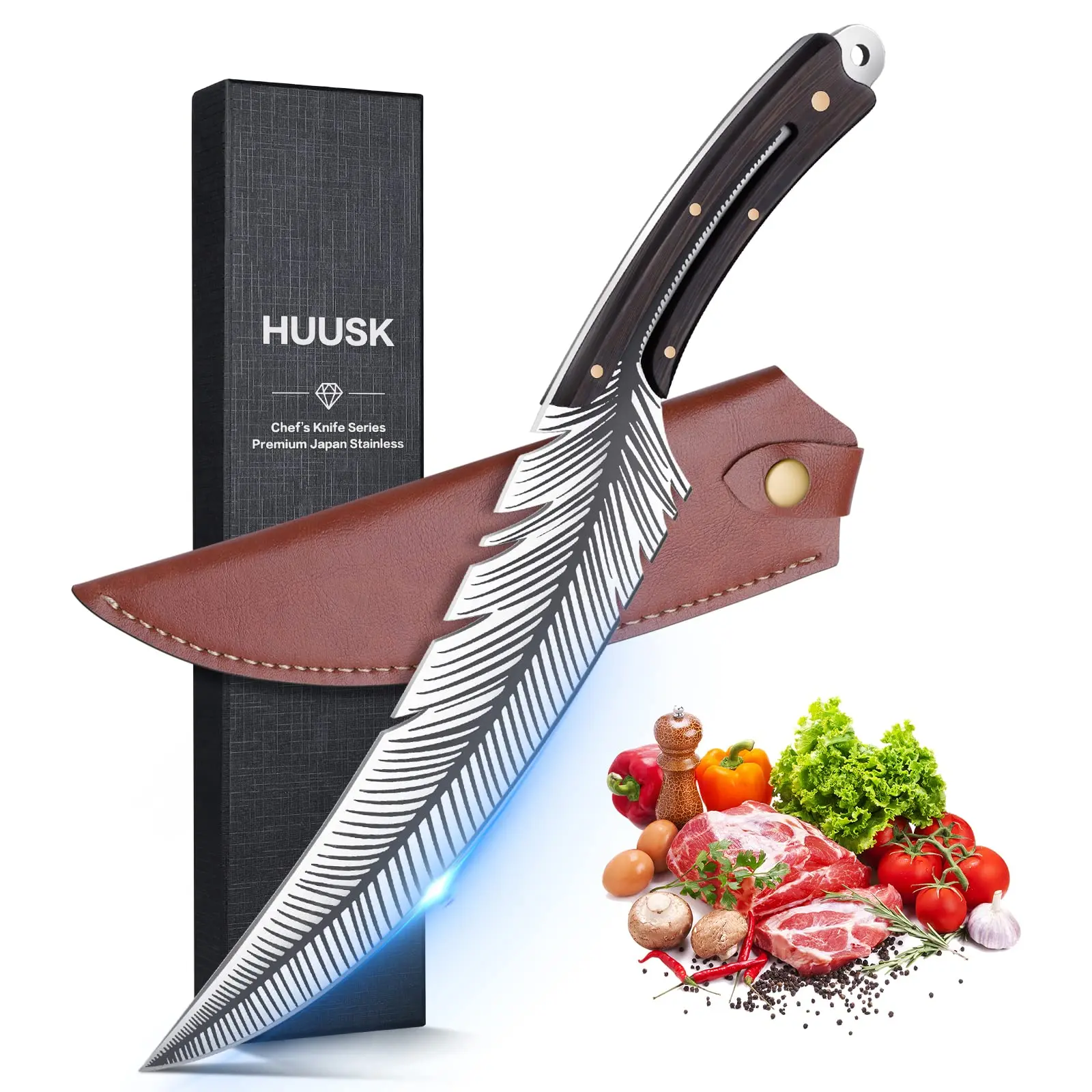 【Deals for You】Huusk Japan Feather Knife Hand Forged Boning Knife with Sheath for Meat Cutting and Outdoor Activities BlackFriday Gift