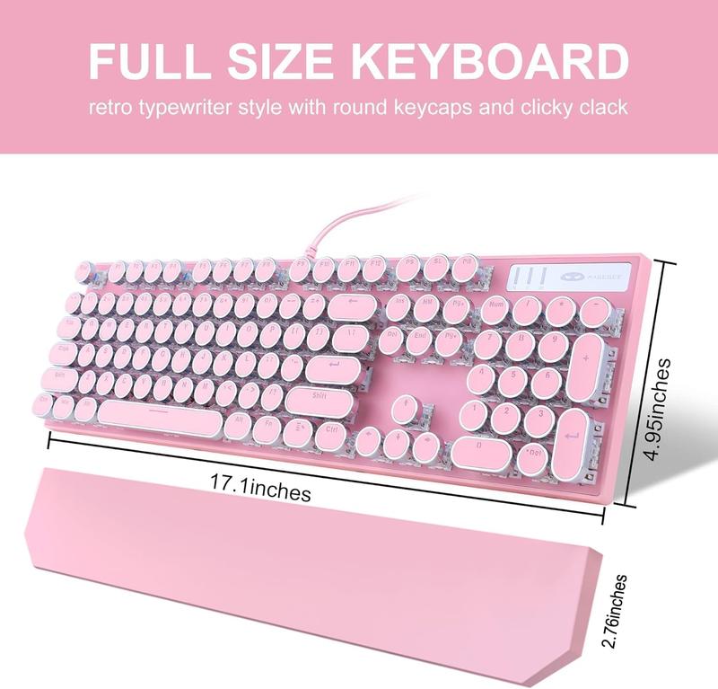 Typewriter Style Mechanical Gaming Keyboard, Pink Retro Punk Gaming Keyboard with White Backlit, 104 Keys Blue Switch Wired Cute Keyboards, round Keycaps for Windows/Mac/Pc Camiysn