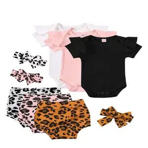 Newborn Infant Baby Girl Clothes Short Sleeve Solid Color Ruffle Romper Bodysuit Leopard Shorts Headband Summer Outfit Set 0-18M
