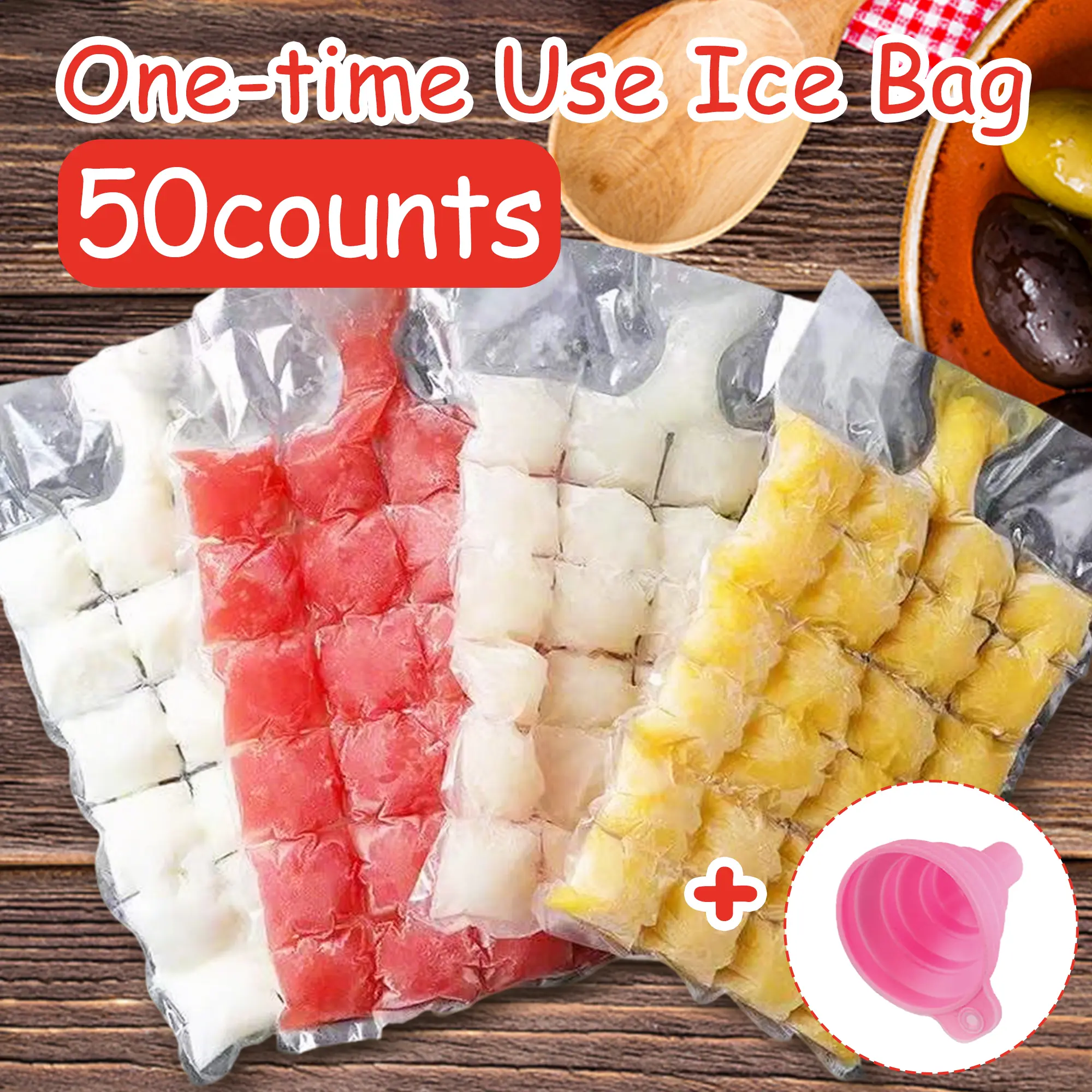 50 Counts Easy-Pour Ice Cube Bags, Disposable Freezer Bags for Fast Ice Making