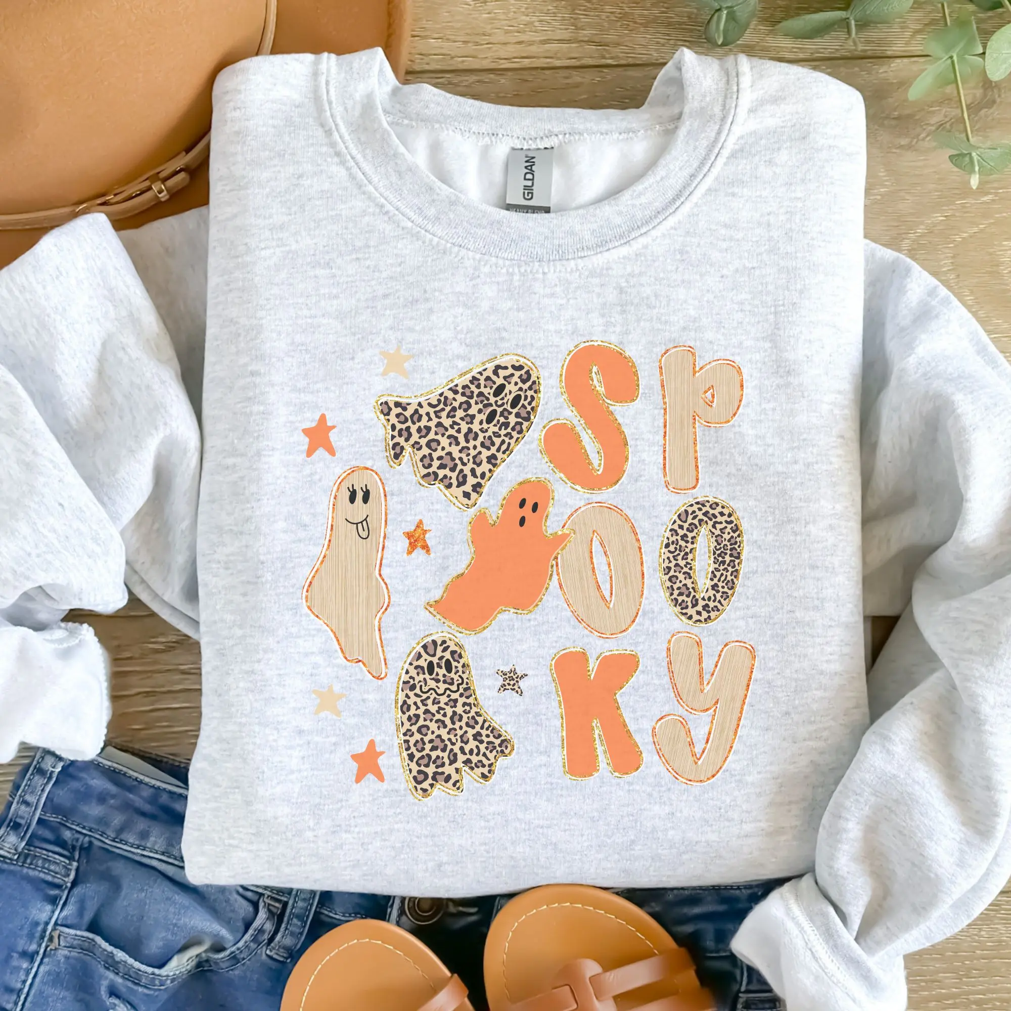 Spooky Ghost With Leopard Print Sweatshirt Unisex Ghost Print Orange-Leopard Jersey Sweatshirt - Ash Grey, Sublimation Fabric, Long Sleeves, Southern Girl Love Clothes