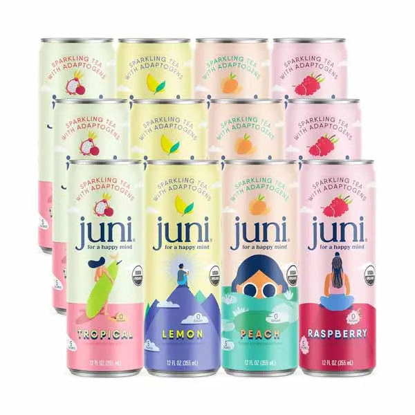[Hot 2026!!!] Juni Sparkling Adaptogen Drink with Ashwagandha, Lion’s Mane & Reishi Mushrooms | Green Tea for Focus, Zero Sugar, 5 Calories, Organic | Non Alcoholic Drinks - Variety Pack 12 pack