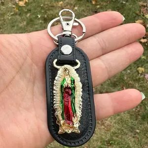 Virgencita Stainless Steel and Leather Keychain keychains