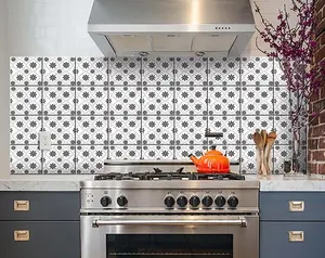 360 Stand Black & White Lil Daisy 8x8 in. Peel & Stick Easy-Remove Decorative Tiles Sticker, Decorative Wall Sticker for Kitchen & Room Home Decor Supplies