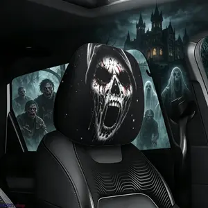 2 Packs Halloween Screaming Reaper Skull Car Headrest Covers - Spooky Hooded Ghost Print Seat Protectors, Scary Prank Car Interior Decorations