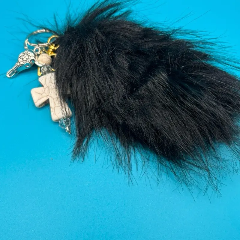 Black Faux Foxtail Keychain with Steerhead and Cross Pendant for Stylish Accessory