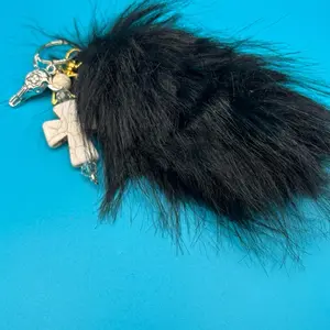 Black Faux Foxtail Keychain with Steerhead and Cross Pendant for Stylish Accessory