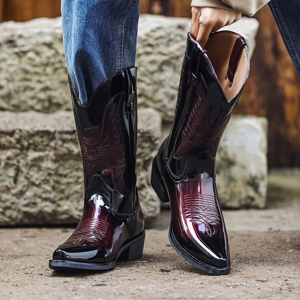 Zotixvox Men's Western Chic Cowboy Boots - Unisex Pointed Toe Mid-Calf PU Leather Shoe for Casual All-Season Wear, Slip-On