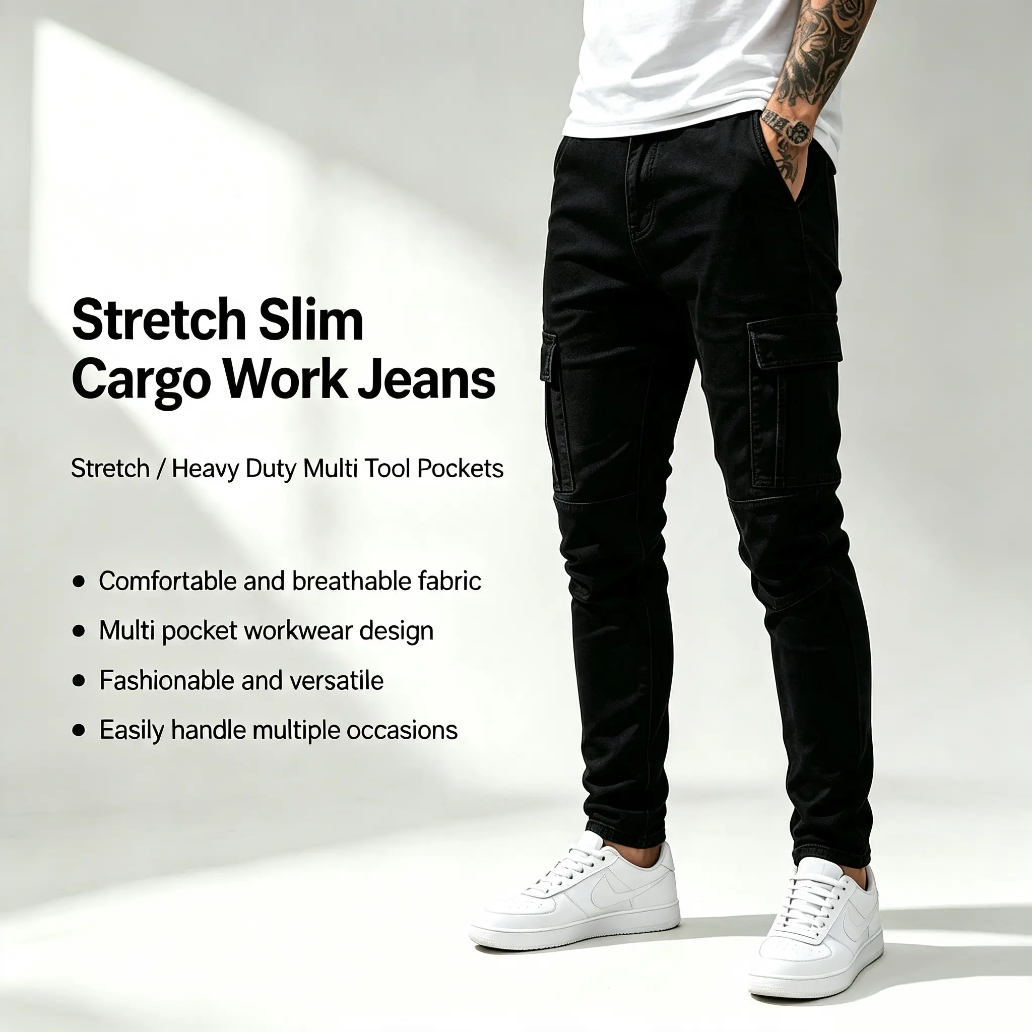 JUNBAOSS Men's Original Slim Fit Cargo Stretch Jeans with Multi-Pocket