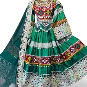 Handmade Afghan Green Kuchi Dress with Heavy Mirror Thread Work Cultural Wedding Party Outfit Embroidered Matching Dupatta Soft Comfortable Fabric Traditional