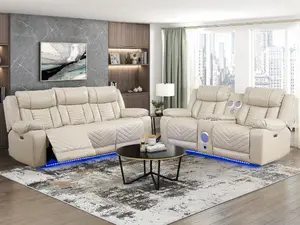 Huron 8457BEG-2PW 2 pc Beige Premium Faux Leather Power Motion Sofa & Love Seat Set with LED Lighting USB & Drop Down Tray Table Reclining Comfortable Modern Design