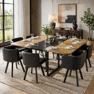 9-Piece Industrial Square Dining Table Set - Fixed 2-Tone & Black Wood Grain Triamine Board Tabletop, 8 Black Faux Leather Curved-Back Chairs, Quick Easy Setup, Seats 8, Modern Indoor Furniture for Family Gatherings