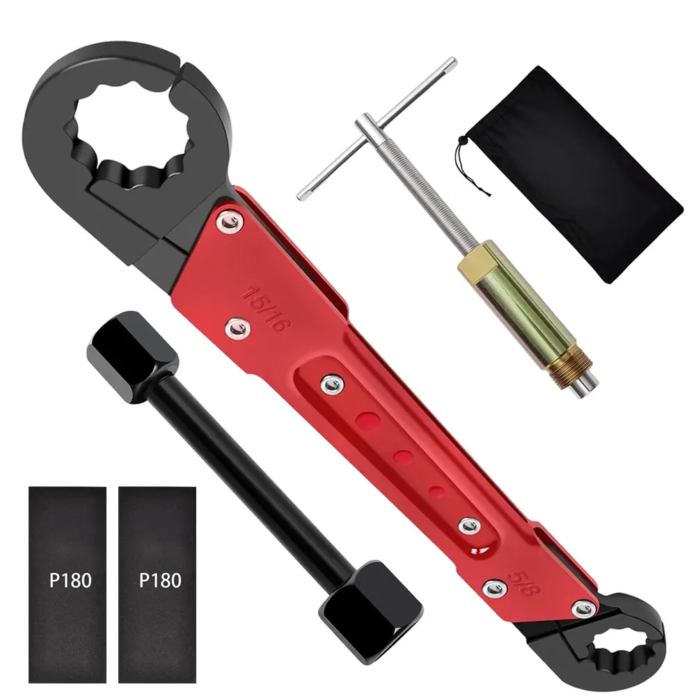 6-piece pipe tool set, including hex stop wrench, 1/2-inch compression socket puller, double headed pipe wrench, sandpaper, and storage bag, for use in bathrooms, kitchens, and gardens