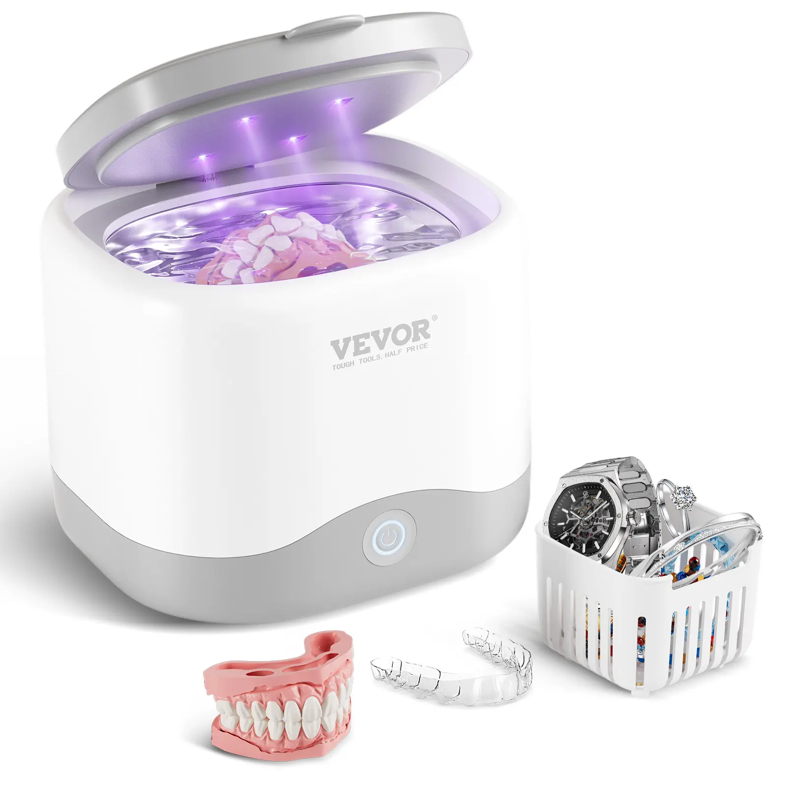 VEVOR 200ML Lightweight Oral Ultrasonic Cleaner Tool Kit, 30W UV Light Machine with 1 Button & Accessories for Dentures, Cornerless Deep Cleaning of Retainers, Aligners & Dental/Personal Care Items, Fresh