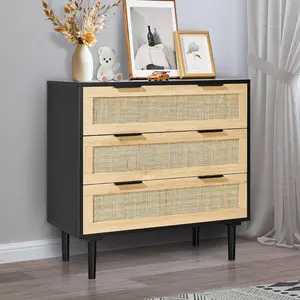 VEVOR 3 Drawer Rattan Dresser,  Boho Dresser, Rattan Chest of Drawers with Spacious Storage, Natural Rattan Dresser for Bedroom, Living Room & Hallway,Rattan Nightstand with Sturdy Handles&Legs, Black