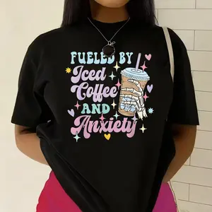 Iced Coffee & Anxiety T-shirt - Funny Motivational Quote - Cute Colorful Design - Casual Cotton Tee