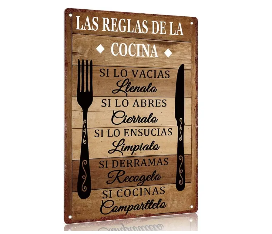 Spanish Kitchen Rules Metal Sign 8x12 Inch, Funny Kitchen Wall Decor, Rustic Farmhouse Kitchen Plaque, Novelty Home Sign, Aluminum Wall Art Gift for Home, Coffee Bar & Dining Room
