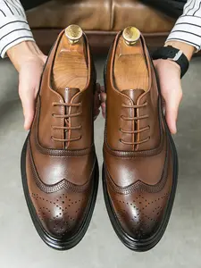 Men's Business Formal Brogue Decor Lace Up Oxfords, Fashion Comfortable Fashionable Pointed Toe Shoes for Work Office, Male All-match Shoes for Daily Wear, Boy