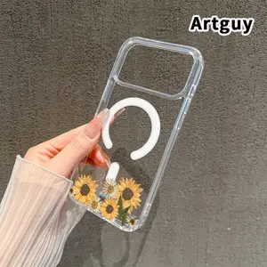 Sunflower Border Pattern Magnetic Phone Case for iPhone 17 16  Pro Max Plus 15 14 13 12 11 Air E Anti-Yellowing Shockproof Lightweight Transparent Acrylic Large Hole Soft Cover Supports Wireless Charging