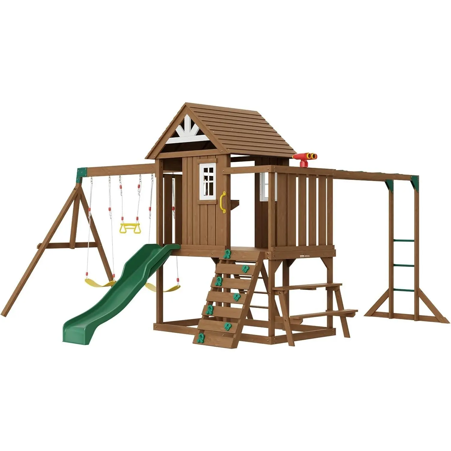 URGEWHRTJ Wooden Swing Set, 10 in 1 Playground Sets for Backyards, 2 Swings, 6FT Slide, Trapeze Bar, Flat Step Ladder,Large Upper Fort with Kitchen Toys, Rock Wall, Picnic Table, Sandbox, Scaling Ladder