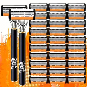 Classic Men's 6-Layer Print Handle Safety Razor | Choose 1 Handle+12 Blades or 2 Handles+36 Blades, Features Double Aloe Lubrication Strip for a Smooth Comfortable Shaving Experience