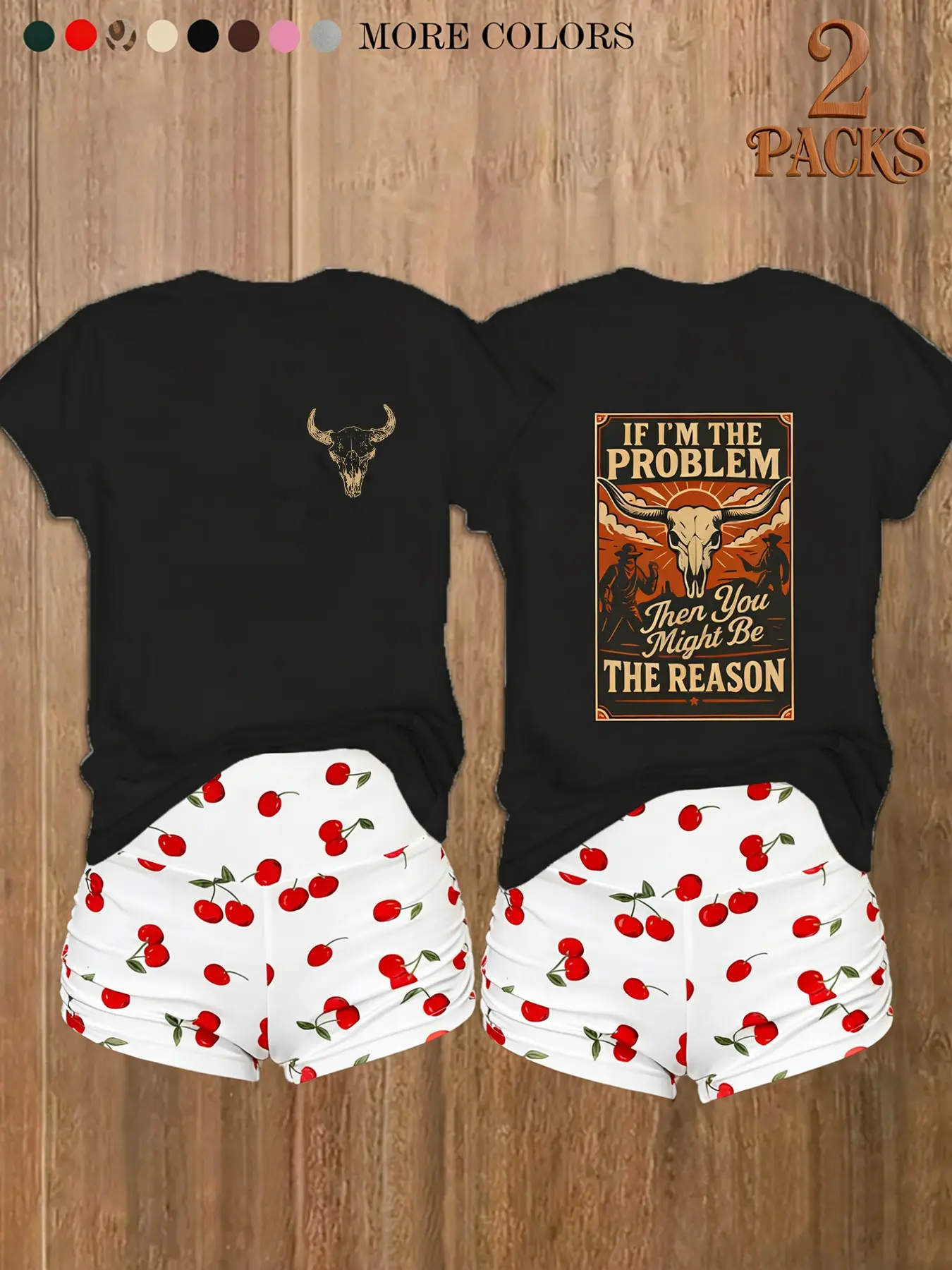 Women's 2-Pack Western Bull Print T-Shirt & Camo Shorts Matching Set, Soft Casual Fabric, Daily Streetwear Loungewear, Multi-Color Options, Womenswear