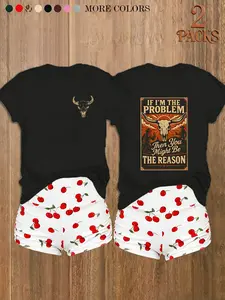 Women's 2-Pack Western Bull Print T-Shirt & Camo Shorts Matching Set, Soft Casual Fabric, Daily Streetwear Loungewear, Multi-Color Options
