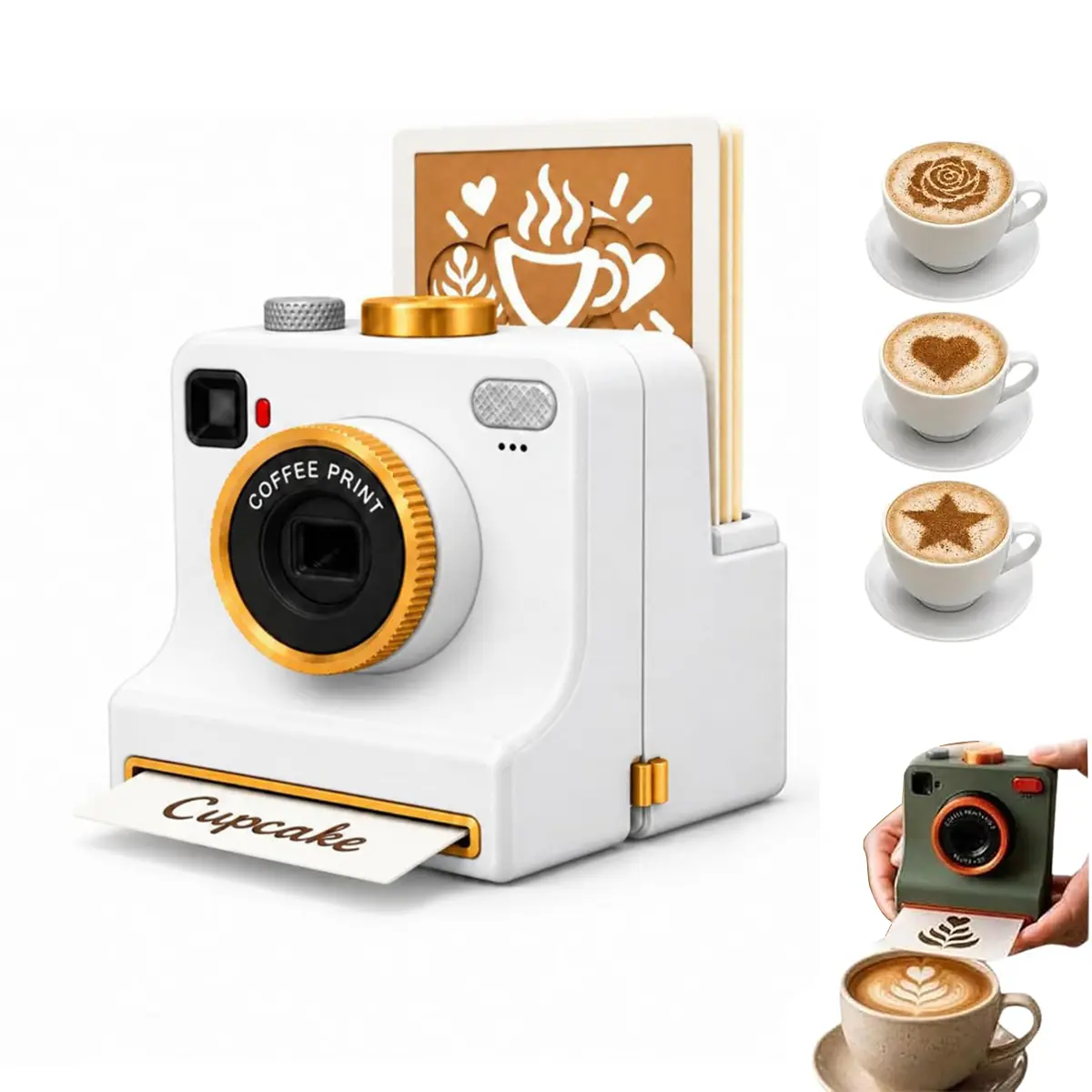 Coffee Latte 3D Printed Camera- Manual Coffee Printer with 4 Coffee Stencils and 2 Mesh Filters, Mechanical Powder Art Maker for Cappuccino, Cocoa, Hot Chocolate, Desserts, Kitchen and Home Cafe