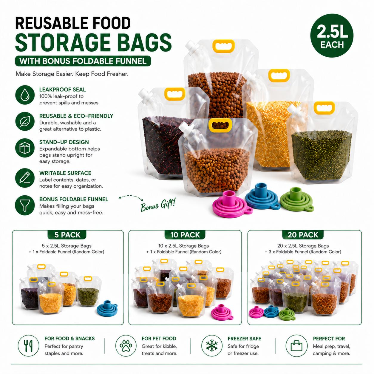 5 Pack Reusable Food Storage Bags, Leakproof & Moisture-Resistant Pouches for Pet Food, Kibble, Treats & Snacks