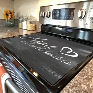 [Rustic Stove Cover] Grey Wood 1pc 2D/Flat "Home is where the heart is" Rubber Stove Cover Protector |   Cozy Stove Top Protectors, 28.3 X 20.5 Inch, suitable for farmhouse kitchens, cabins, and rustic - themed cafes