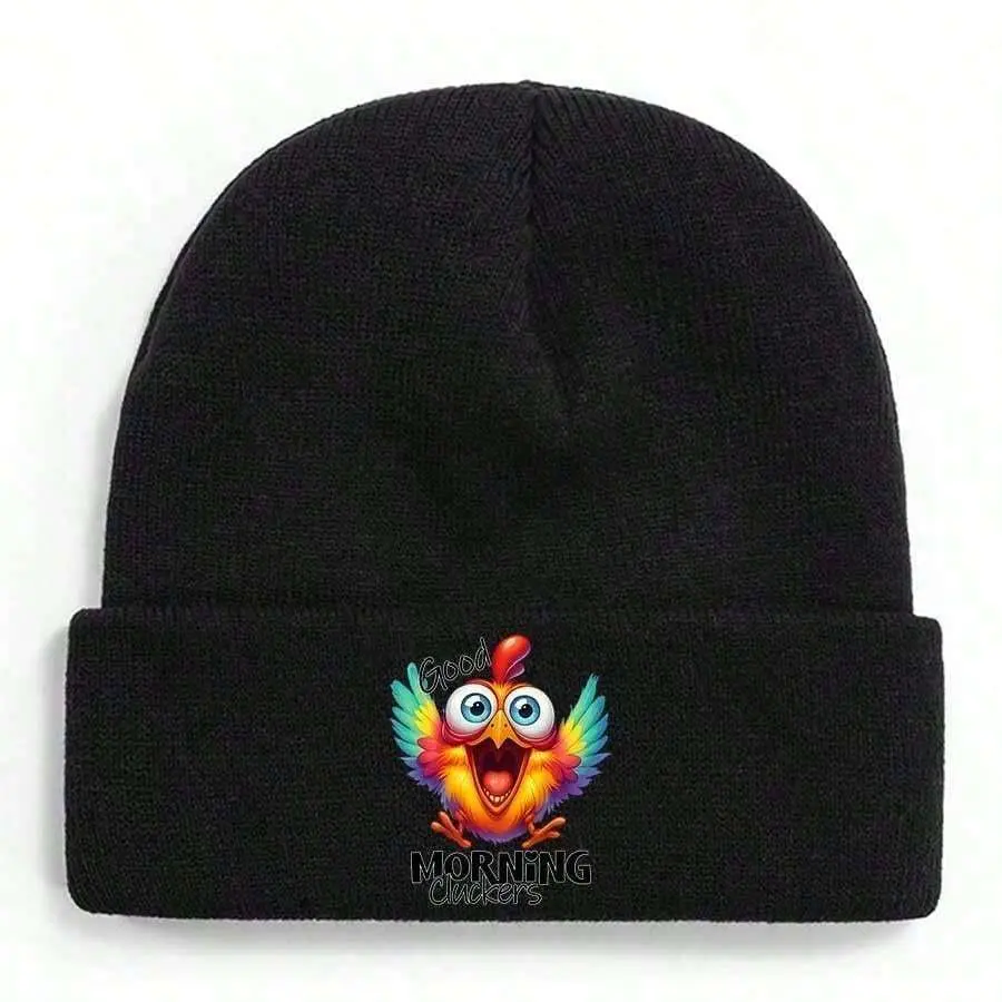 Unisex Colorful Rooster Print Cuffed Knit Winter Beanie - Soft Warm Acrylic Fitted Cap, Animals-Themed "Good Morning Cluckers" Sports & Outdoor Hat, Unisex Size, Casual, Everyday, Breathable, Dry In Shade, Heat Insulating, Hand Wash Only, Casual Wear, Out