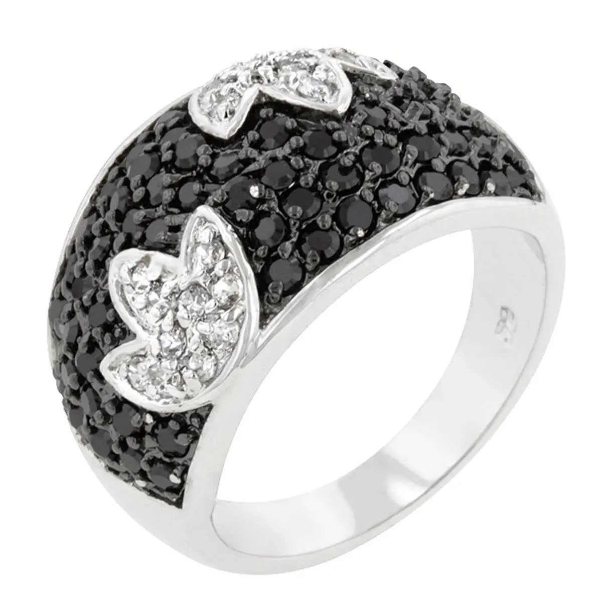Kate Bissett R08113T-C03-05 Genuine Rhodium Plated Cocktail Ring with Round Cut Clear CZ and Round Cut Black Onyx in a Pave Setting in Silvertone- Size 5