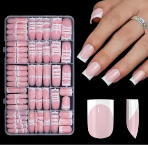 300Pcs Sharp Square French Tip Press On Nails-Anyos Gel Nail Tips Short,No File Need Tips Pre-Designed,Fake Nails for Nail Art DIY 15Sizes(Pink)