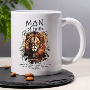 Christian Lion Design 11oz Ceramic Mug Inspirational 1 Timothy Bible Verse Motivational Religious Drinkware Durable Faith Gift For Men Dad Husband Ideal For Fathers Day Birthday Christmas And Daily Home Office Use