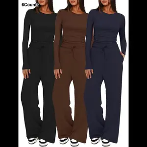 Women's Solid Ruched Adjustable Drawstring Loungewear Set, Casual Soft Fit Long Sleeve Round Neck Top & Pocket Wide Leg Trousers, Ladies Sleepwear for All Seasons, Pajama Top & Latina Pajama Pants, Womenswear, Homewear