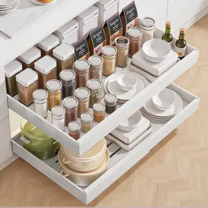 2 Pack Pull Out Cabinet Organizers 16.5"Deep with Raising Pad for Framed Cabinets,Expandable Slide Out Drawers Upgrade 3 Slide Rails,Roll Out Shelves Adhesive,Adjustable Width 12.6"-20.45" White