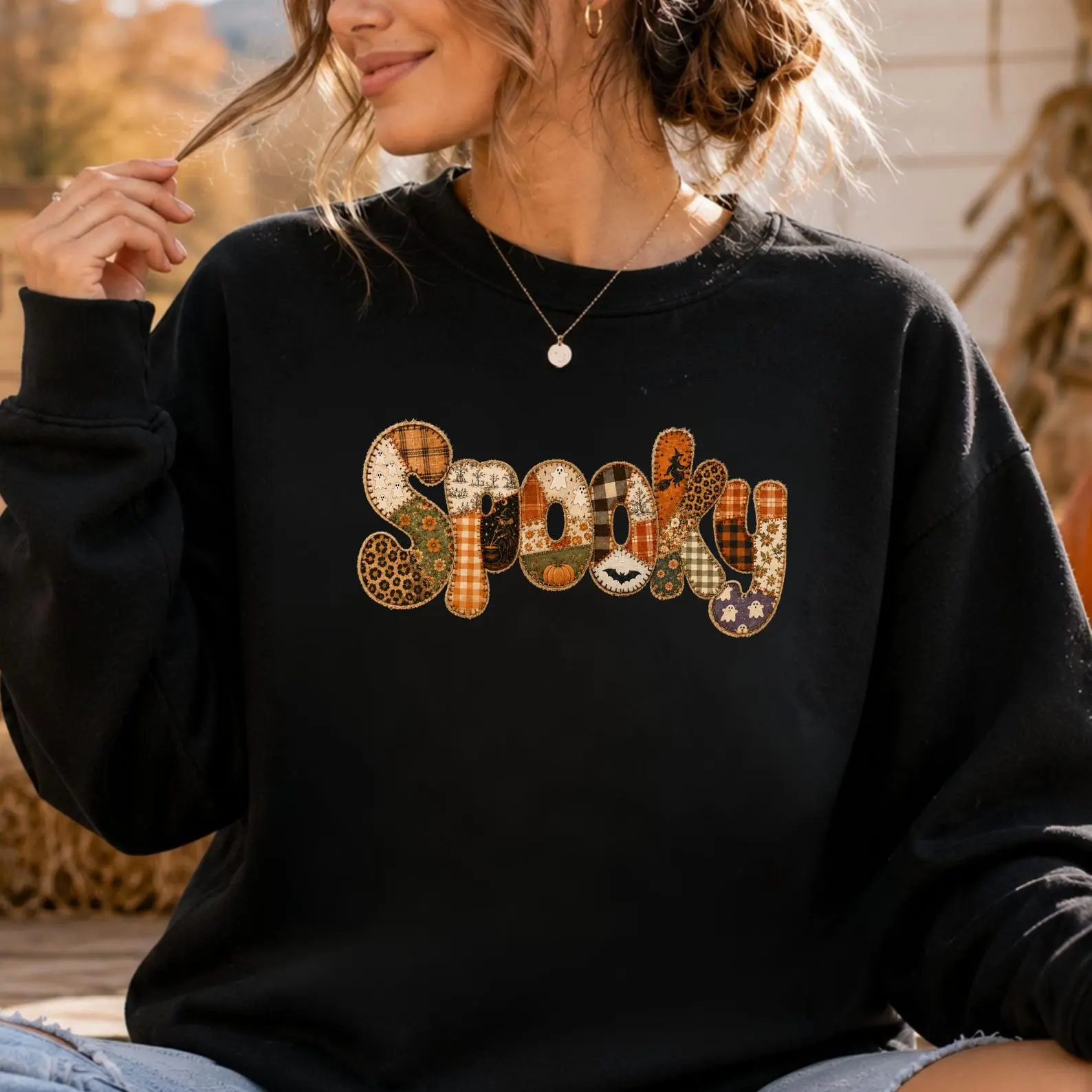 Spooky Printed Patchwork Shirt, Halloween Sweatshirt, Vintage Patchwork Graphic Tee, Ghost Pumpkin Fall Shirt, Farmhouse Halloween Apparel