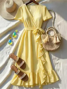 V Neck Wrap Dress with Ruffle Tie, Short Sleeve Flowy Casual Bohemian Summer Feminine Dress, Perfect for Vacation Beach Date Photo French Boho Style Womenswear