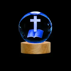 2.36 Inch Bible Cross 3D Crystal Ball Color Night Light, Ambient Lighting, USB Powered, Laser Engraved Religious Art Decor, Home Office Bedroom Gift